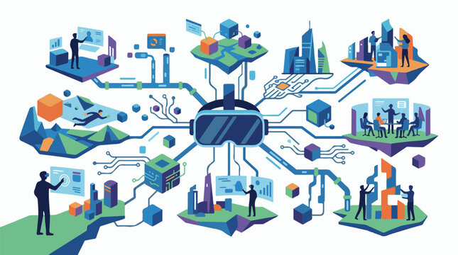 Digital landscape with VR headset connecting floating islands of people interacting