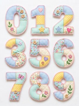 Cute Patchwork Fabric Numbers 0-9 Watercolor Applique Illustration Set