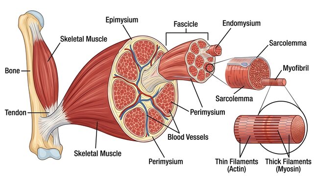 Skeletal muscle tissue anatomy and microscopic cellular structure diagram
