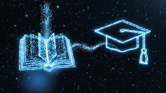 A video showcasing a graduation cap and an open book made of glowing blue lines and dots on a dark background with stars