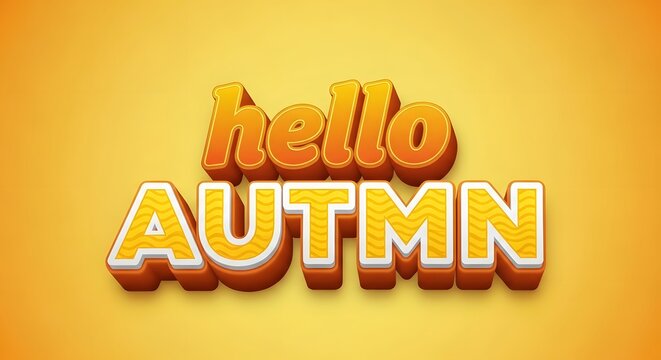 Hello autumn 3d text effect with yellow wavy pattern and orange border