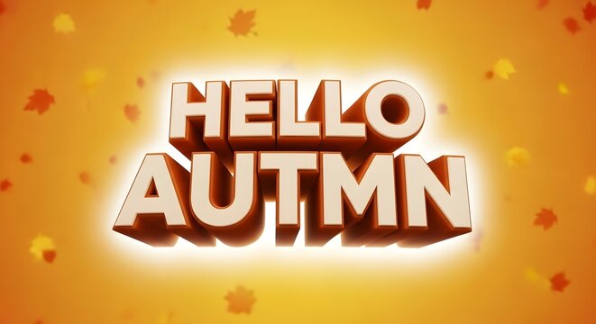 3d hello autumn text design with falling leaves on an orange background