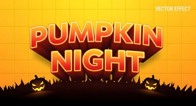 Pumpkin night 3d text effect with carved jackolanterns on yellow grid background
