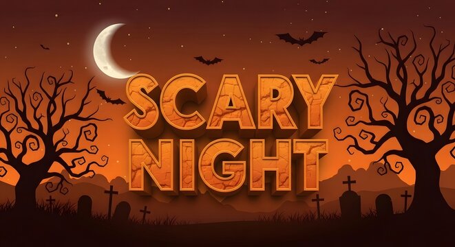 Scary night halloween background with 3d text, spooky trees, bats, and a crescent moon in an orange night sky