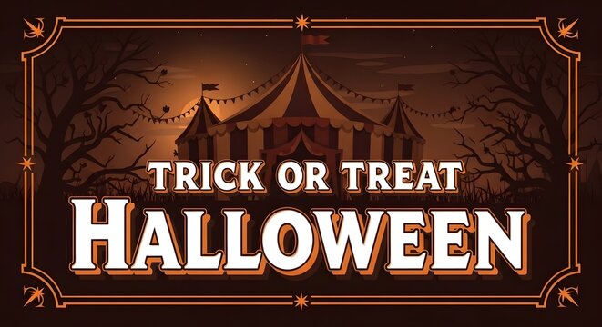 Trick or treat halloween banner with a spooky circus tent, dark trees, and vintage frame design