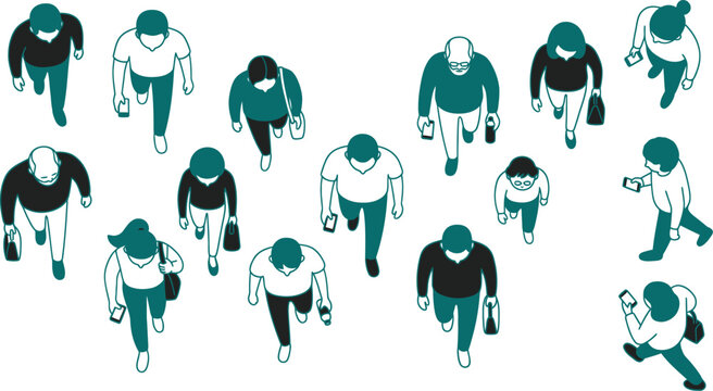 Top view walking crowd architectural scale vectors containing mixed people mid stride figures holding bags phones flat duotone illustration portfolio