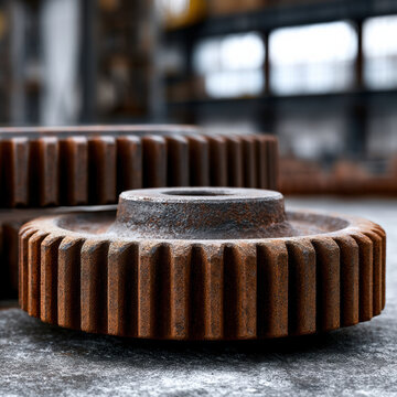 Rusty metal gear wheel industrial close up, macro shot showing detailed teeth texture, aged machinery part