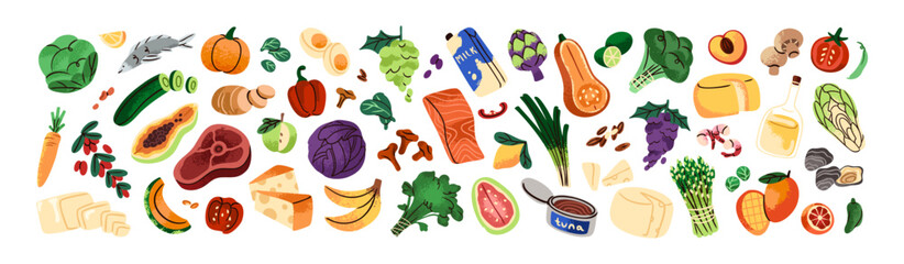 Healthy food set. Different fresh vegetables, fruit, dairy and grocery products for proper nutrition. Organic and natural farm crop - meat and veggies. Flat isolated vector illustrations on white © Paper Trident