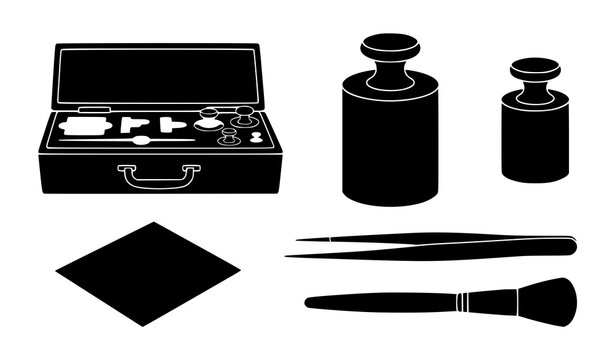 Precision Calibration Mass Weights and Laboratory Maintenance Equipment Silhouette Icon Set Featuring Weight Set Case, Tweezers, Cleaning Brush, and Balance Weights Vectors