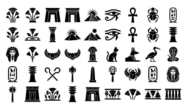 Ancient Egypt Silhouette Ornament Collection with Papyrus Hieroglyph Temple and Pyramid Symbols