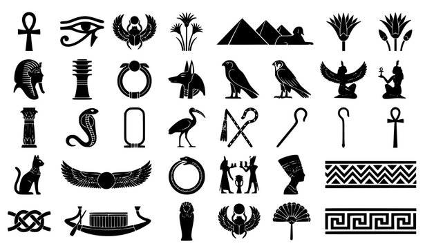 Ancient Egyptian Papyrus Ornament Silhouette Pack Featuring Hieroglyph Temple and Pyramid Patterns