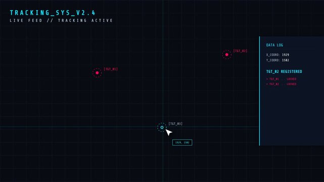 Futuristic tracking system, targets on grid, data log updates, dynamic motion, symbolizing surveillance for tech and security