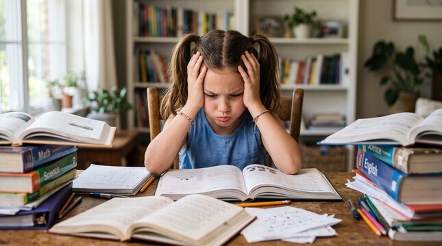Frustrated Young Girl Covering Her Ears While Studying With Open Books, Childhood Homework Stress, Learning Difficulty, Academic Pressure and Mental Fatigue Concept