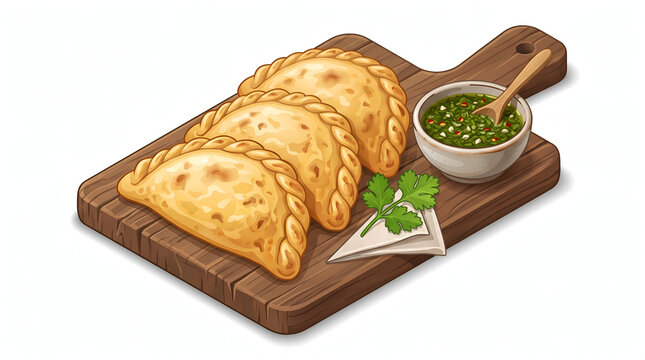 Empanada vector with green sauce on rustic wooden board
