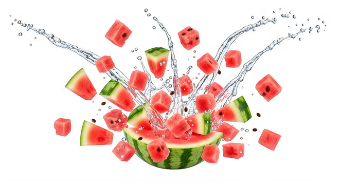 Fresh watermelon splash with flying fruit cubes, red watermelon pieces exploding in water droplets, juicy summer fruit on white background