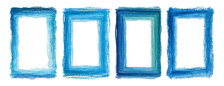 Set of four hand drawn blue and teal rectangular frames featuring a wax crayon and colored pencil texture, providing a creative border element