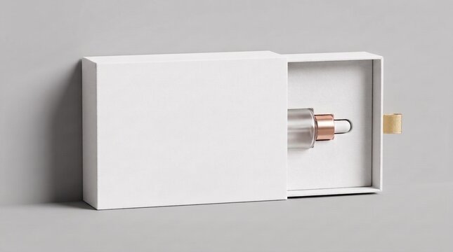 Minimalist white drawer box packaging mockup for cosmetic serum bottle with rose gold cap on neutral background