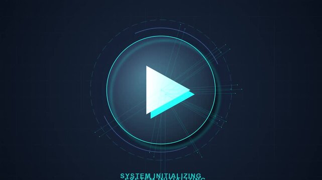 Digital play button interface with futuristic data loading animation
