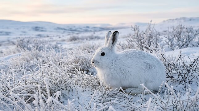 A beautiful arctic hare sitting in the snowy tundra during a cold winter day.