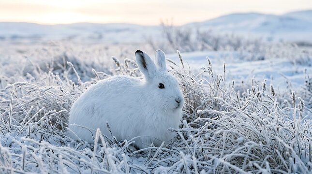 A beautiful white arctic hare sitting in the frosty snow during a cold winter day.