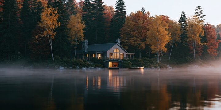 Misty watermirrors light beside a lakeside cabin, set within a vivid autumn forest