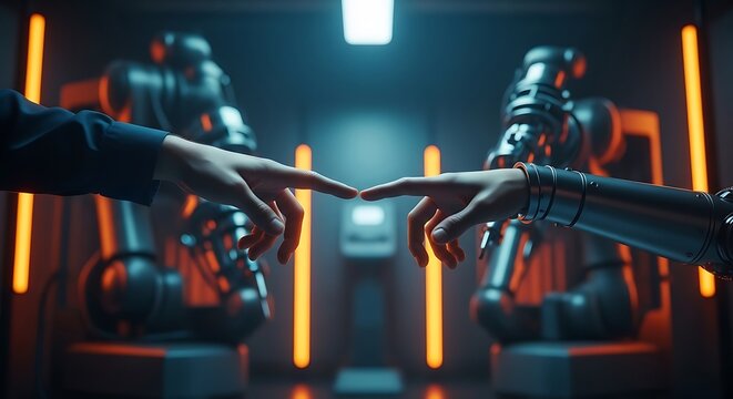 Human hand touching robotic hand, evoking connection in futuristic, neon-lit lab scene