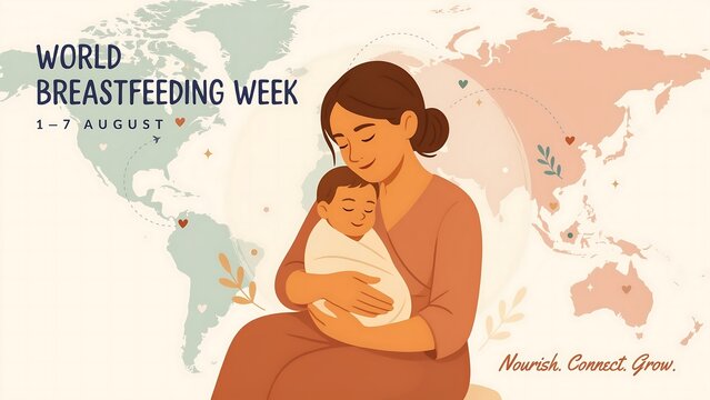 Mother breastfeeding baby illustration for world breastfeeding week