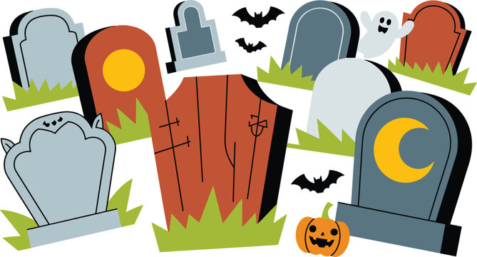 Halloween graveyard cemetery vector illustration set featuring spooky tombstones wooden coffin flying bats ghost and jack-o-lantern pumpkin