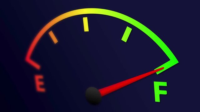 High quality 4K motion graphic of a fuel gauge meter with a moving needle indicating fuel level from empty to full. Ideal for automotive videos, transportation, dashboard interfaces, energy concepts, 