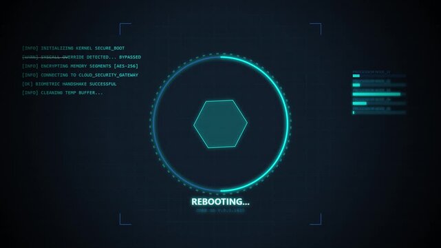 Futuristic Digital System Rebooting Interface with Hexagon HUD Graphics