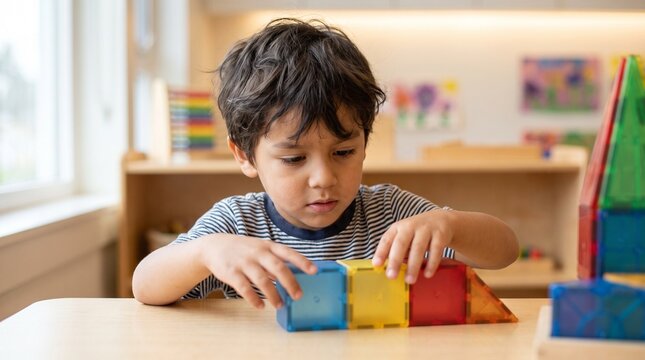 Focused young boy playing with magnetic building blocks in classroom, concentrated child learning with colorful geometric toys, early childhood education