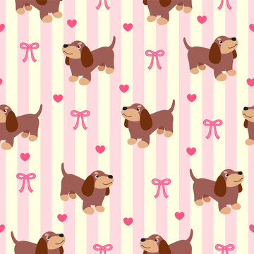 Cute Dachshund Dog seamless pattern on pink and yellow striped background vector illustration.