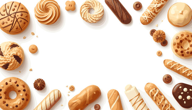 Assorted delicious cookies and pastries arranged as a frame on white background.