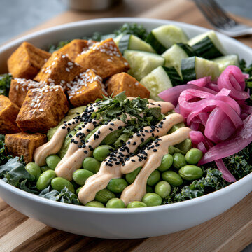 Fresh salad bowl with roasted sweet potato cucumber edamame pickled onion kale creamy dressing sesame seed healthy meal