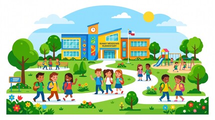 Naklejka premium Vibrant flat vector of diverse children walking to a modern elementary school with a sunny playground background