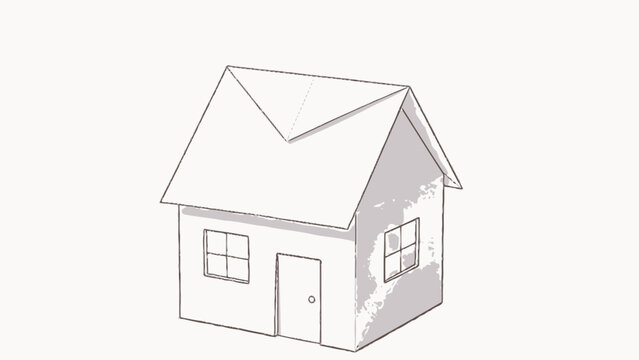 Simple Line Art Illustration of a Minimalist Paper House with Triangular Roof, Door and Two