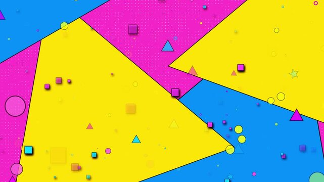 Bright geometric pop art background shapes, dotted texture, squares, circles, stars, and bold retro style. Perfect for kids videos, party promos, social media, music edits, and playful motion loops.
