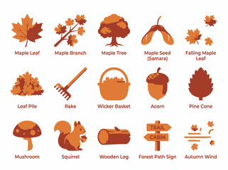 Fototapeta premium Collection of Sweater Weather autumn nature icons featuring Maple Leaves and woodland elements for seasonal fall design and harvest activities