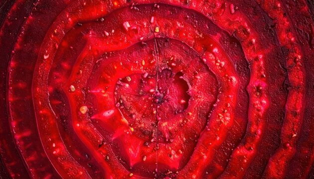 Macro red beetroot slice with fresh water drops.