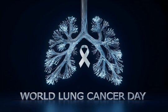 World lung cancer day concept with glowing human lungs and awareness ribbon