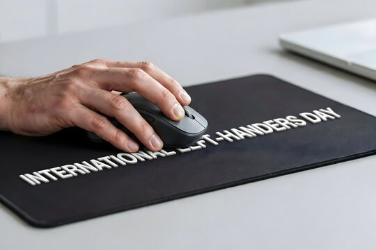 International left-handers day text on mouse pad with hand using mouse, computer