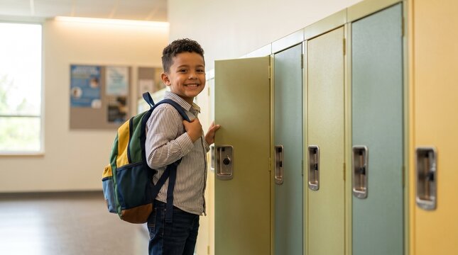 Smiling elementary school student with backpack at lockers, happy young boy in school hallway, diverse male pupil starting school day