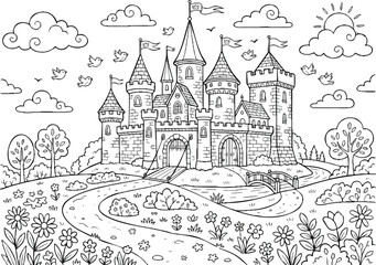 Fairytale castle with turrets and flying flags. Enchanted medieval fortress illustration for fantasy stories and games. © Arip