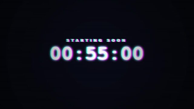 1 minutes Countdown glitch. One minute countdown timer with starting soon text