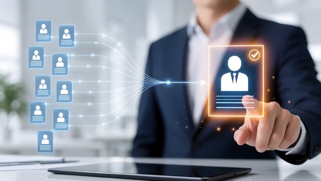 Digital recruitment funnel concept showing multiple candidate profiles merging into one selected top applicant