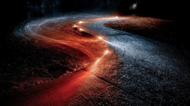 Abstract light trail curves over a dark road. It symbolizes future journeys and conceptual pathfinding for businesses.