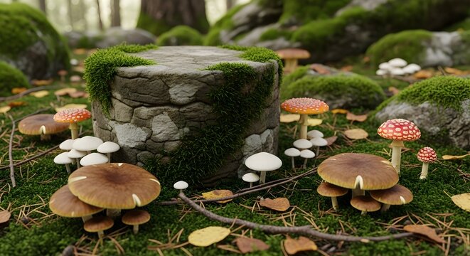 A mystical forest scene featuring a stone pedestal covered in moss, surrounded by various wild mushrooms including redcapped amanita muscaria and brown forest mushrooms on a mossy floor