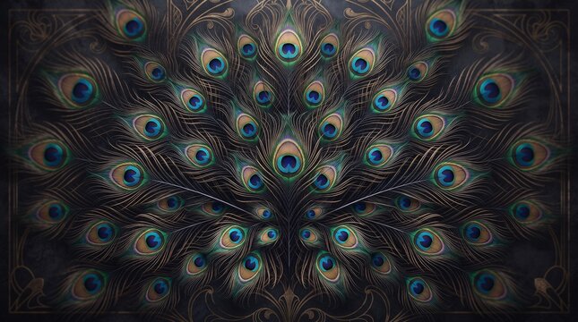 Intricate peacock feathers arranged in a symmetrical pattern featuring vibrant blue and green eyes with detailed gold line art accents