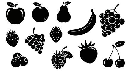 Collection of black fruit silhouettes including apple banana grapes and berries isolated on white background for design with variety black illustration © Pabitra