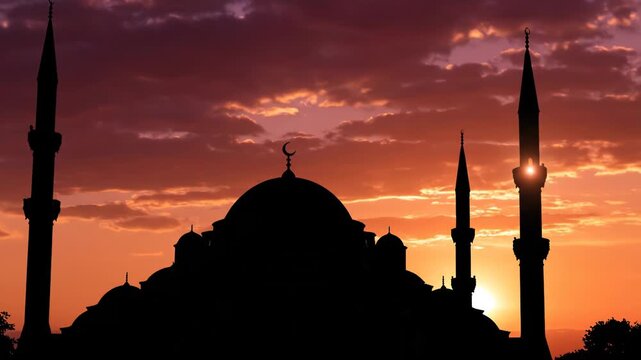 Silhouette of a mosque with minarets against a dramatic sunset sky